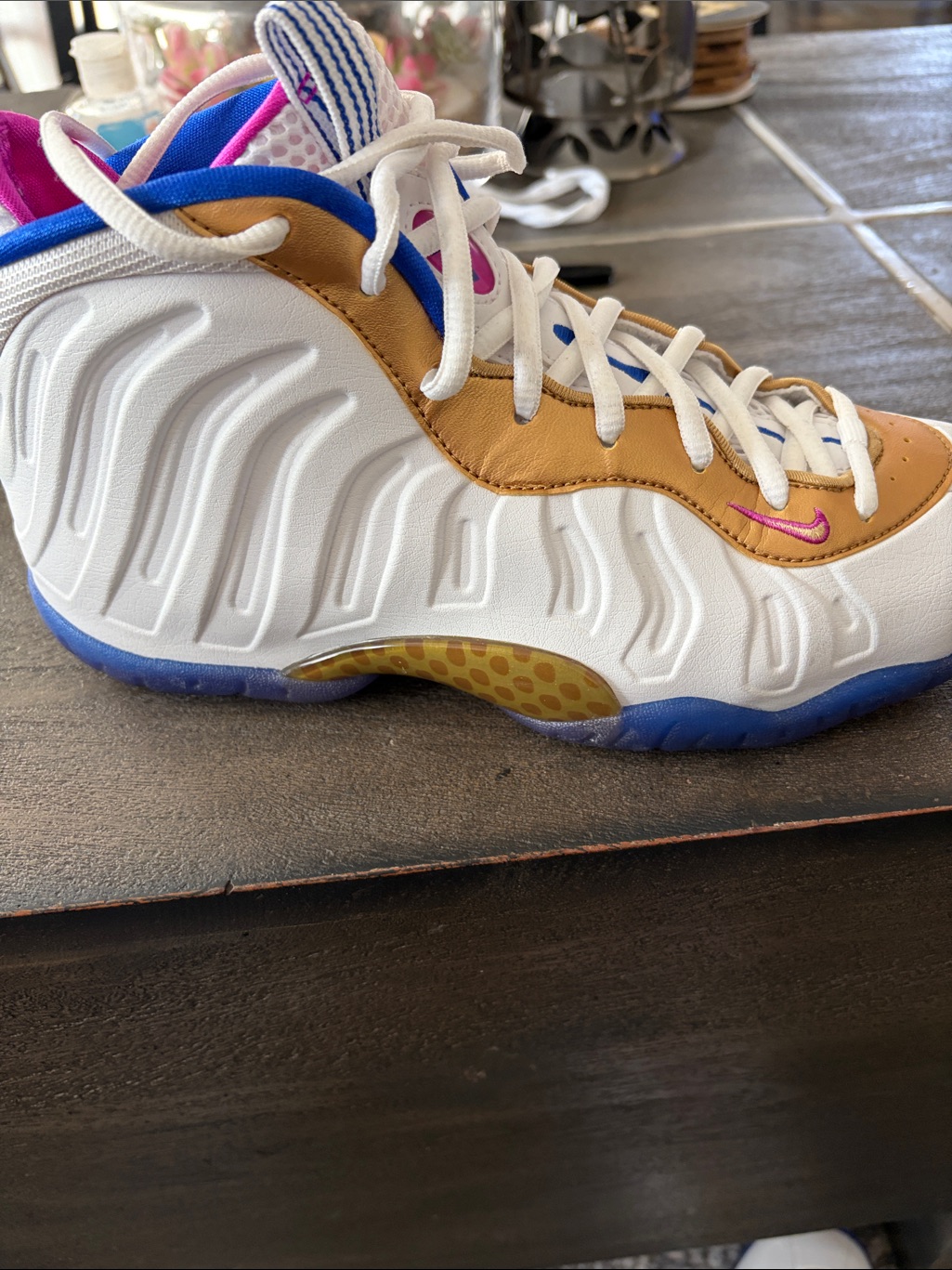 Nike Kids White Sneakers With Gold, Blue & Pink Accents